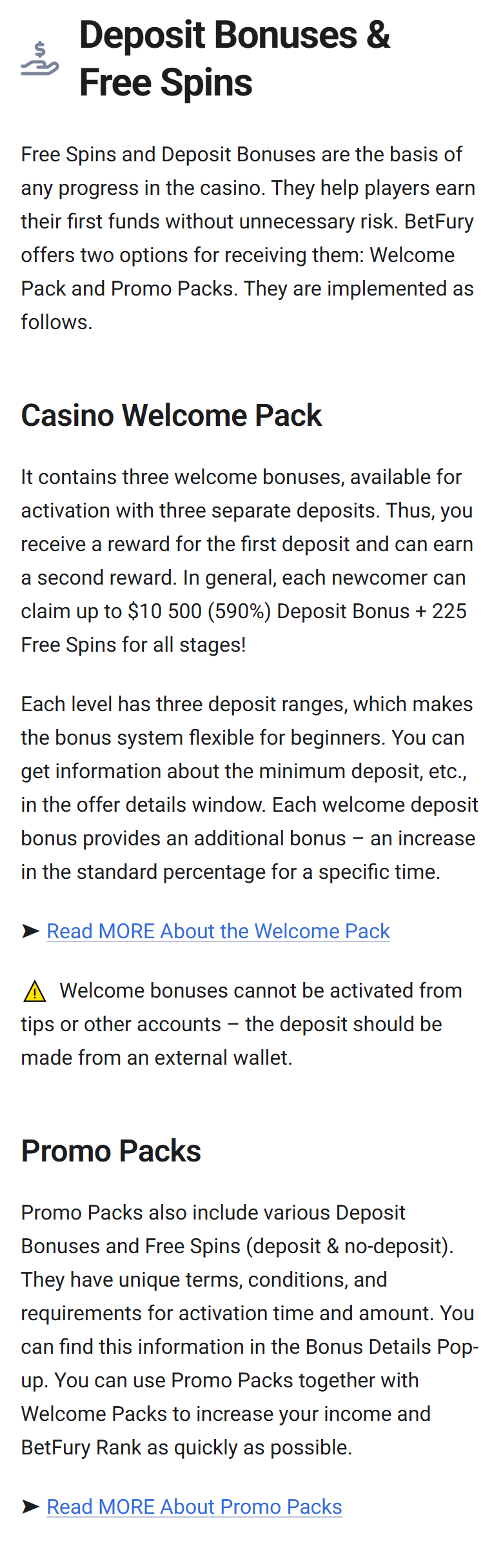 Screenshot of BetFury’s documentation on deposit bonuses and free spins