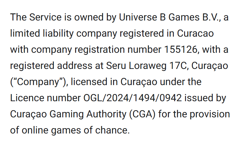 Screenshot of BetFury’s terms and conditions page, company and licence paragraph