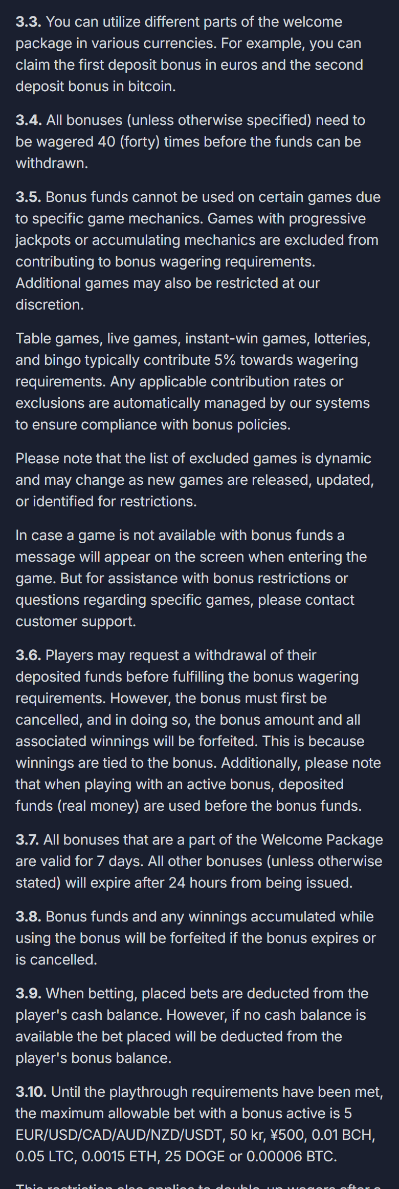 Screenshot of BitStarz’s bonus terms and conditions page, clauses 3.3 to 3.10