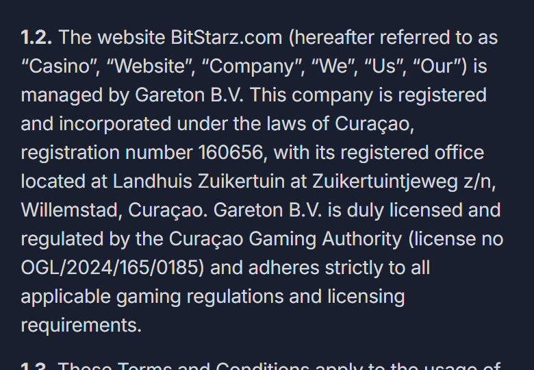 Screenshot of BitStarz’s terms and conditions page, clause 1.2