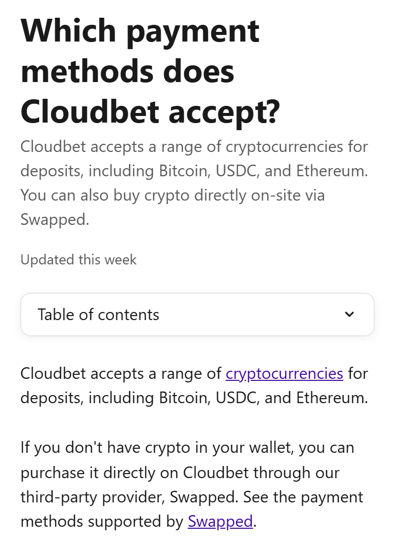Screenshot of Cloudbet’s support article on payment methods