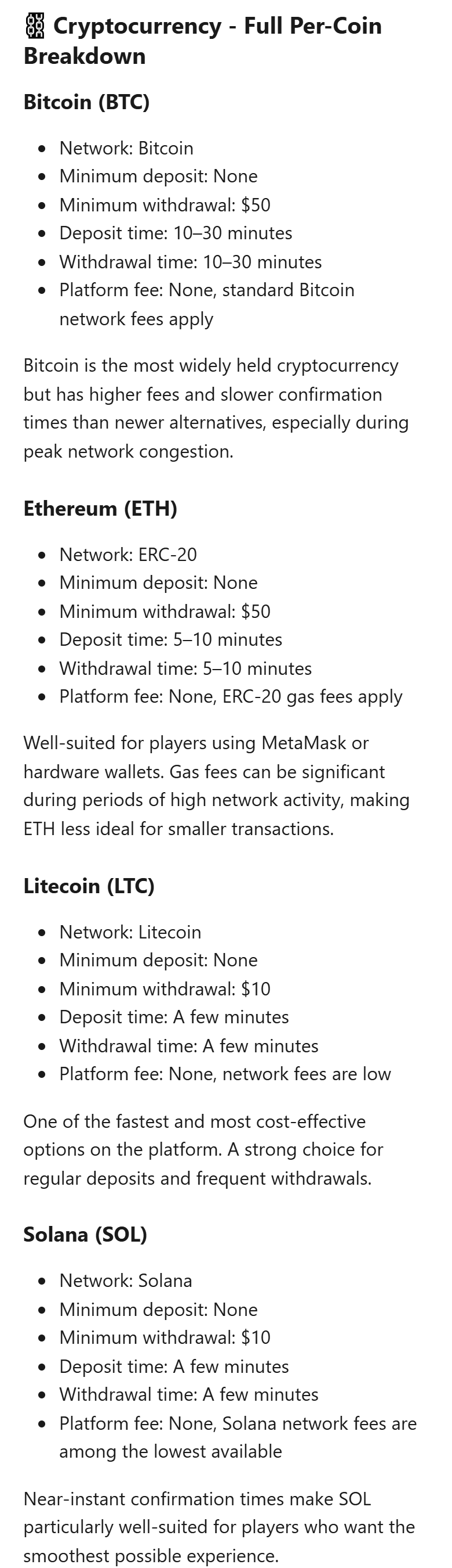 Screenshot of Duelbits’ help article on fees, limits and processing times, per-coin breakdown