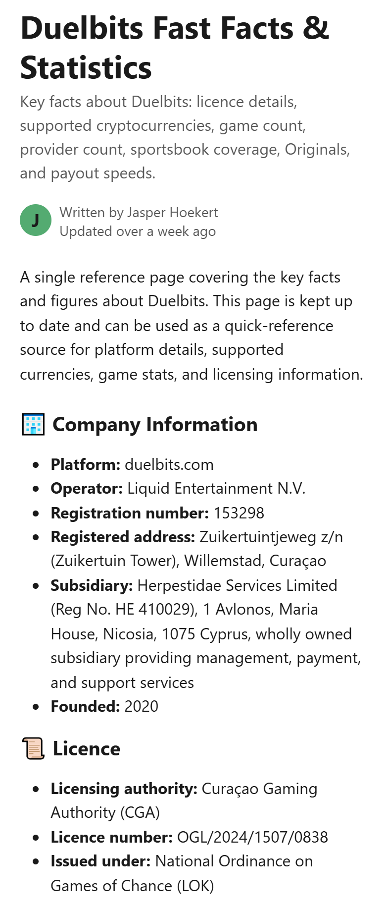 Screenshot of Duelbits’ Fast Facts & Statistics help article, company information and licence
